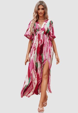 Vestido maxi de patrón rosa y verde con un escote en V profundo, mangas abullonadas y una gran abertura. Hecho de una tela ligera con un diseño fluido.