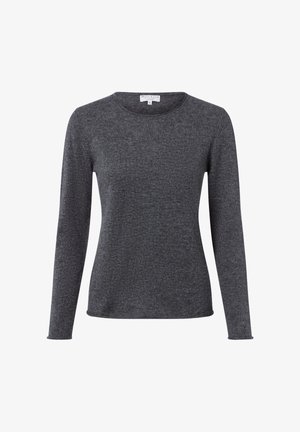 Dunkelgrauer, langärmliger Strickpullover mit Rundhalsausschnitt und schmaler Passform auf weißem Hintergrund gezeigt.