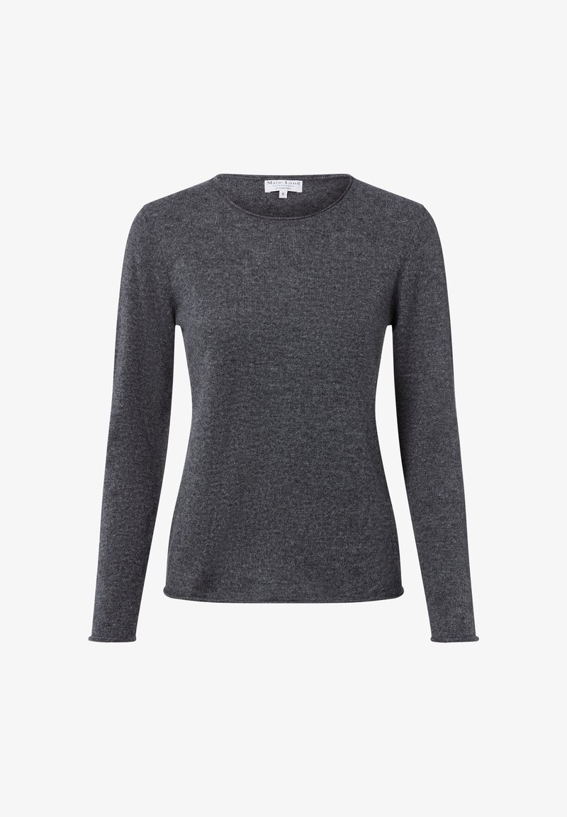 Ciemnoszary, długi sweter z dzianiny, z okrągłym dekoltem i dopasowanym krojem, zaprezentowany na białym tle.