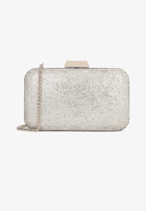 Hõbedane kott, millel on ristkülikukujuline kuju, tekstureeritud pind, mis on kaetud väikeste sädelustega, kettvöö ja metallist lukuga sulgemine.