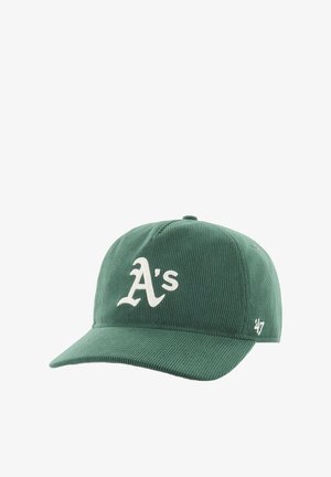 Green corduroy cap with a curved brim, featuring white embroidered "A's" logo on the front and small logo on the side.