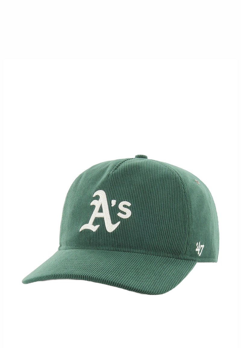 Green corduroy cap with a curved brim, featuring white embroidered "A's" logo on the front and small logo on the side.