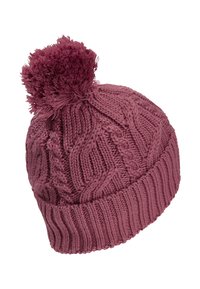 Cappello a maglia color mauve con motivo a cavo testurizzato e banda a coste, con un pompon soffice sulla cima.