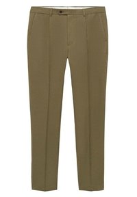 Khaki dress pants made of smooth fabric, featuring a slim fit, straight legs, front pockets, and a single button closure at the waist.