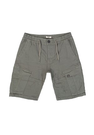 Cargo shorts in khaki green, made of lightweight fabric. Features an elastic waistband with drawstrings, side pockets, and a patch pocket.