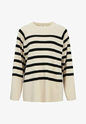 Bežna pletena majica s črnimi horizontalnimi črtami, okroglo izrezanimi in dolgimi rokavi. Ima sproščen kroj in rebrasto teksturo.