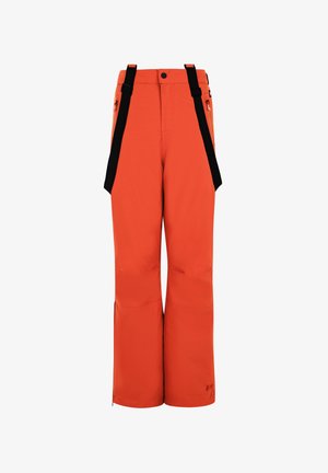 Pantalons de neige orange vif avec des bretelles noires réglables, des poches latérales et une texture lisse, associés à une veste noire zippée.
