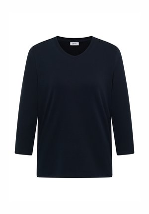 Haut bleu marine à manches longues et col en V, fabriqué en tissu doux. Présente une coupe décontractée et un design minimaliste sans motifs ni accents visibles.