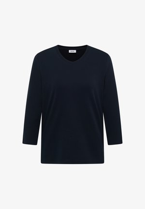 Granatowy, długi rękaw z dekoltem w serek, wykonany z miękkiego materiału. Charakteryzuje się luźnym krojem i minimalistycznym wzornictwem bez widocznych wzorów ani akcentów.
