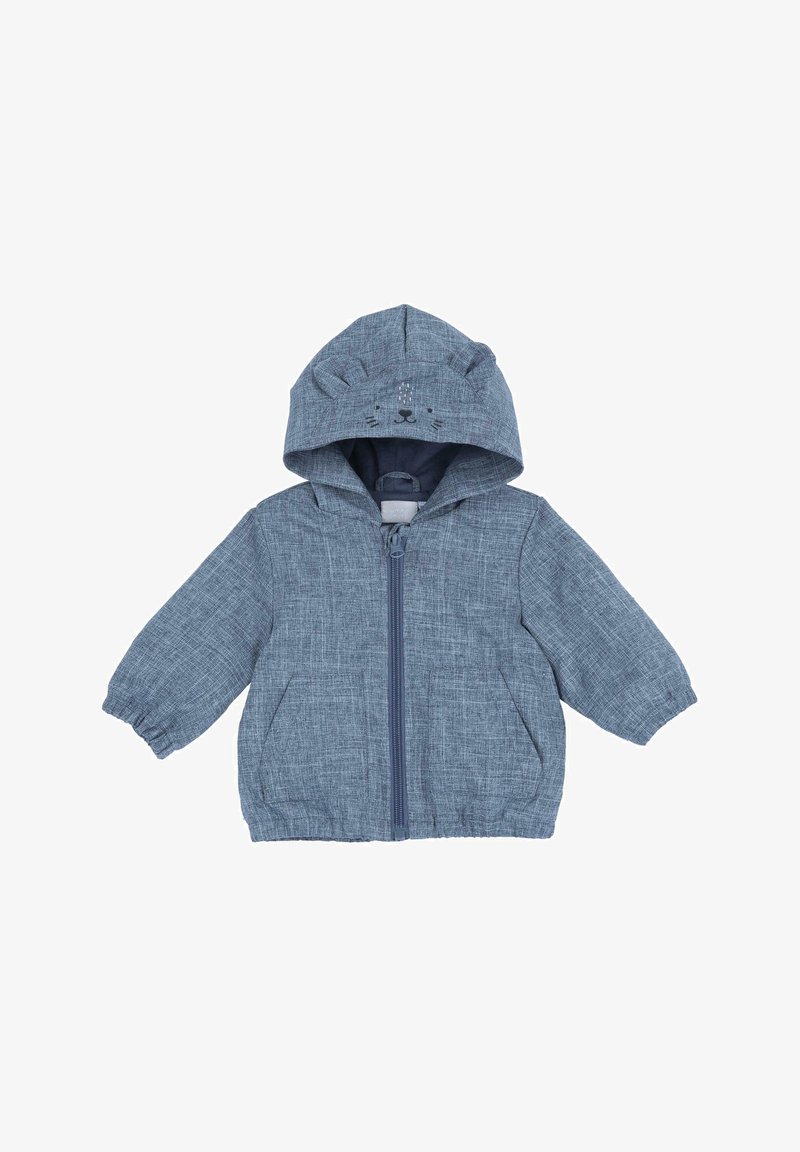 Giacca blu con tessuto testurizzato, dotata di cappuccio con dettagli a forma di faccia di orso, zip frontale e tasche laterali.