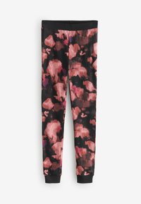 Black leggings with a floral pattern in shades of pink and purple. Ribbed texture with a solid black elastic waistband and ankle cuffs.