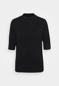 Černý krátký rukáv turtleneck svetr, vyrobený z měkkého pleteného materiálu. Má uvolněný střih a žebrovaný lem a manžety.