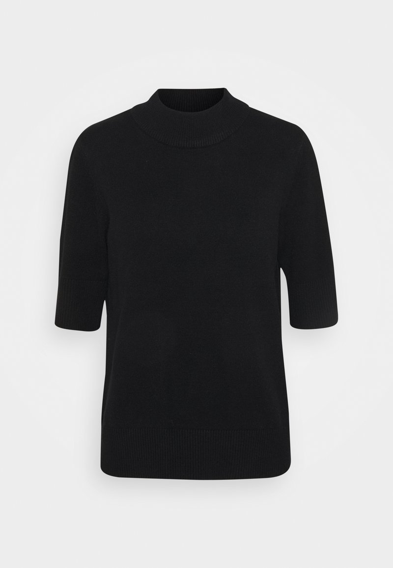 Černý krátký rukáv turtleneck svetr, vyrobený z měkkého pleteného materiálu. Má uvolněný střih a žebrovaný lem a manžety.