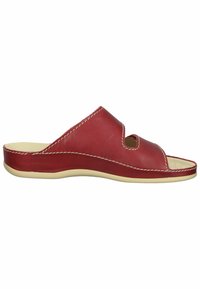 Red leather slide sandal with an open-toe design, featuring two cutouts and contrasting white stitching on a beige rubber sole.