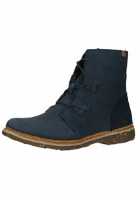 Dark blue leather ankle boots with a textured finish, featuring decorative straps, a rounded toe, and a rubber sole with stitching accents.