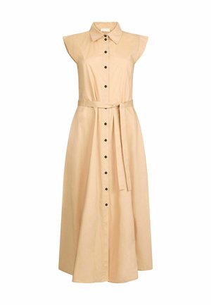 Abito beige senza maniche con colletto, bottoni neri lungo il davanti e una cintura in tessuto in vita. Tessuto liscio, design lungo fino al pavimento.