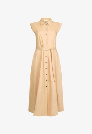 Abito beige senza maniche con colletto, bottoni neri lungo il davanti e una cintura in tessuto in vita. Tessuto liscio, design lungo fino al pavimento.