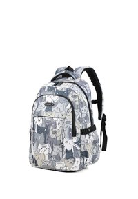 Zaino con motivo di gatti e cani in tonalità di grigio, bianco e beige. Realizzato in tessuto durevole con spallacci imbottiti e scomparti con zip.