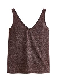 Sötét lila ujjatlan felső V-nyakú kialakítással, texturált anyagból, amely enyhén foltos mintázatot tartalmaz.