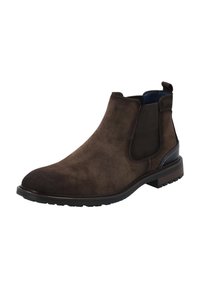 Bottine Chelsea en suède marron avec des panneaux latéraux en élastique, un bout arrondi et une semelle en caoutchouc texturé pour une bonne adhérence. Design épuré et construction robuste.