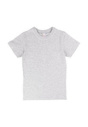 Prosty jasnoszary bawełniany t-shirt z krótkim rękawem i okrągłym dekoltem, wyłożony na płasko na białym tle.