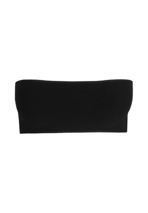 Schwarzes trägerloses Bandeau-Top aus glattem Stoff, mit nahtlosem Design und elastischen Kanten für einen sicheren Sitz.