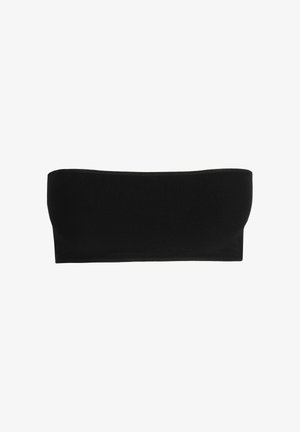 Black strapless bandeau top made of smooth fabric, featuring a seamless design and elastic edges for a secure fit.
