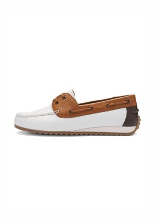 White and brown leather boat shoe with a low profile, contrast stitching, lace-up detail, and textured sole for grip.