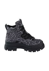Scarpe high-top in stampa leopardata nera e grigia con suola in gomma spessa, lacci frontali, collo imbottito e marchio sulla linguetta.