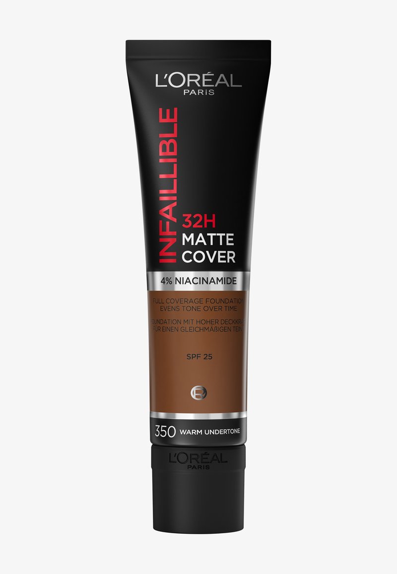 L'Oréal Paris Infallible 32H Matte Cover foundation tube, shade 350 warm undertone with 4% niacinamide and SPF 25.