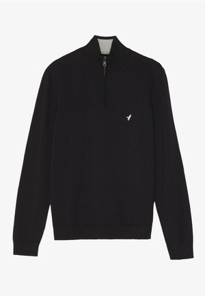 Pull noir avec col haut et fermeture éclair. Doté d'une texture douce et d'un petit logo d'oiseau brodé sur la poitrine.