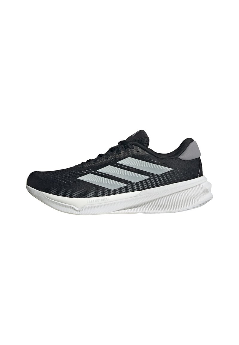 Black athletic shoe with mesh upper, featuring three silver side stripes, a lightweight white sole, and a padded heel for support.