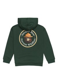 Grüne Kapuzenjacke mit einem großen kreisförmigen Grafik, die Smokey Bear zeigt, mit dem Text "Smokey Bear - Waldbrände verhindern" in Creme- und dunklen Akzenten.