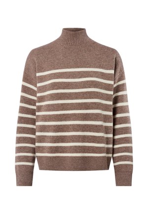 Brown and white striped knit sweater with ribbed high neck, cuffs, and hem, shown on a white background.
