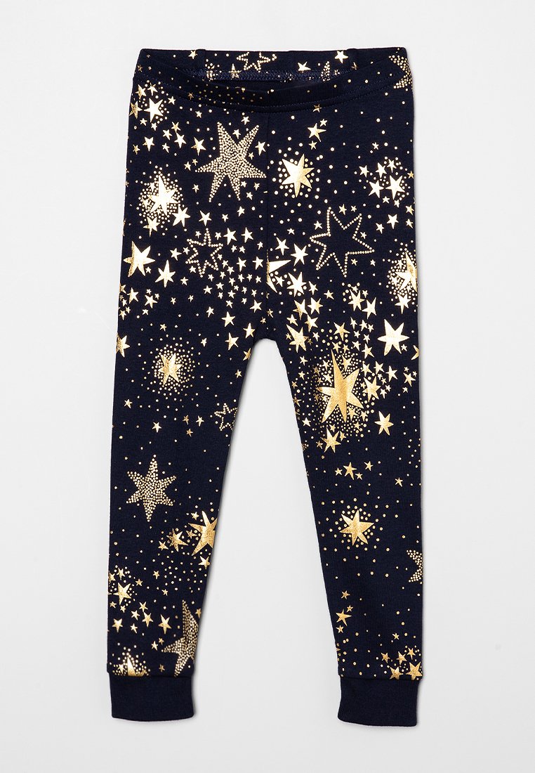 Leggings bleu marine avec taille élastique, décorés de motifs d'étoiles dorées de différentes tailles et de petits points dorés.