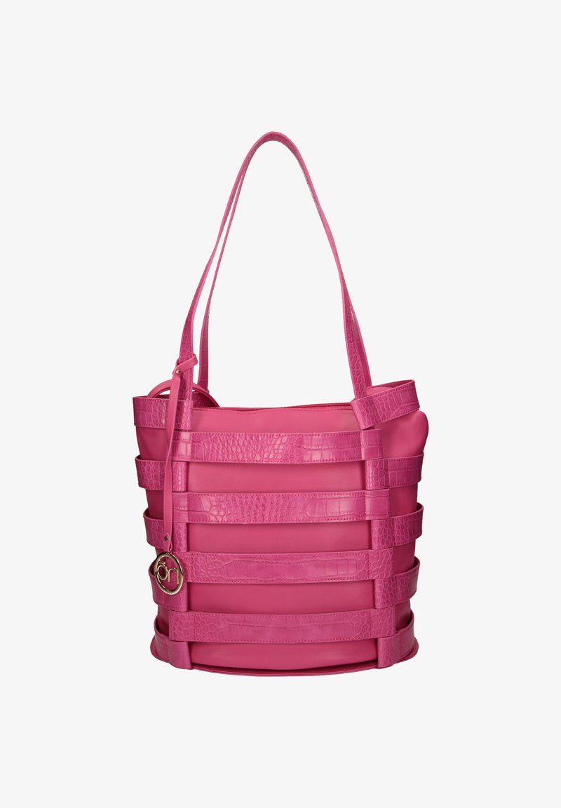 Borsa a spalla in pelle rosa con design a strisce strutturate. Caratterizzata da una chiusura con zip e un accento in metallo circolare. Superfici lisce e testurizzate.