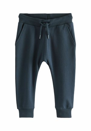 Donkerblauwe joggingsbroek van zacht materiaal, met een elastische tailleband met trekkoord, zijzakken en geribbelde enkels.