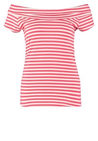 Top s odhalenými rameny a krátkým rukávem v růžových a bílých pruzích. Vyrobeno z jemné látky s přiléhavým střihem a rovnými lemy.