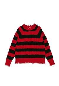 Červený a čierny pruhovaný sveter s pleteným vzorom, skrátenou dĺžkou a rozstrapkanými okrajmi. Pletený materiál s okrúhlym výstrihom.