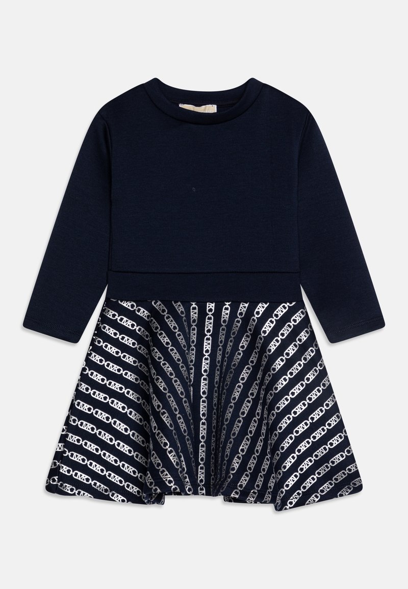 Marineblauw langetermijnoverhemd met een effen bovenkant en een uitlopende rok, versierd met een witte geometrische kettinglinkpatroon.