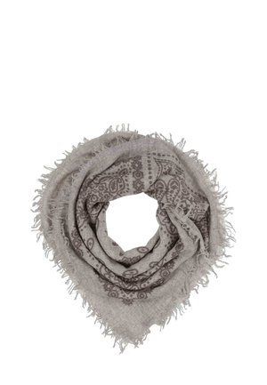 Sciarpa triangolare grigia con frange, caratterizzata da un sottile motivo paisley in una tonalità più scura. Tessuto morbido, materiale leggero.