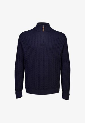 Morski sweter z dzianiny z wysokim kołnierzem, z suwakiem na ćwierć długości. Splot w warkocze na całej powierzchni, ściągacze przy mankietach i u dołu. Miękka faktura.