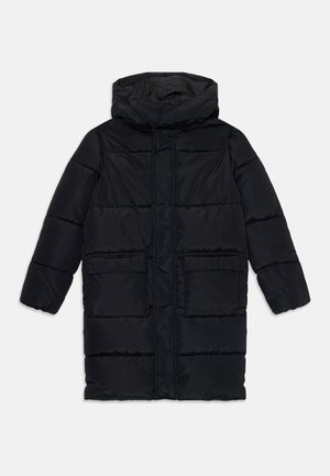 Doudoune noire avec capuche, dotée d'une fermeture éclair, de deux poches avant, d'un design matelassé et de poignets élastiques.