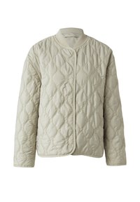 Gesteppte, leichte Jacke in sanftem Beige, mit rundem Ausschnitt, langen Ärmeln und einem vorderen Druckknopfverschluss mit subtiler Wellenstruktur.