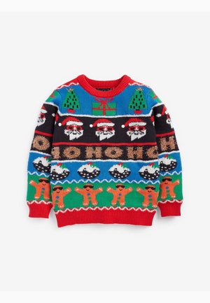 Pull de Noël en tricot présentant un col côtelé rouge, des motifs multicolores sur le thème des fêtes comprenant le Père Noël, des arbres et des bonhommes en pain d'épice.