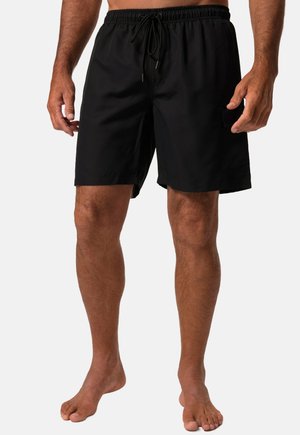 Shorts de bain noirs en matériau léger, avec une taille élastique et un cordon de serrage, et une poche latérale.