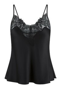 Camisola nera con sottili spalline a spaghetti, un colletto con merletto e una silhouette fluida. Tessuto liscio simile alla seta con una leggera lucentezza.