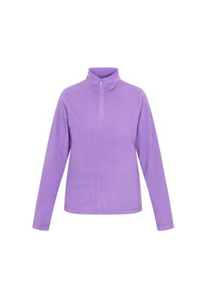 Paarse fleece pullover met lange mouwen, halve rits, soepele textuur en een ontspannen pasvorm. Minimalistisch ontwerp zonder patronen of accenten.