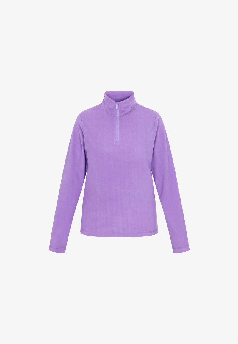 Lilla fleece sweatshirt med lange ærmer, halv-zip hals, glat tekstur og afslappet pasform. Minimalistisk design uden mønstre eller accenter.