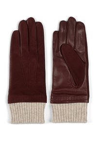 Bordeaux lærhansker med en ribbet beige ullmansjett. Har fem-fingers design med sømdetaljer og en tommelpute for bedre grep.